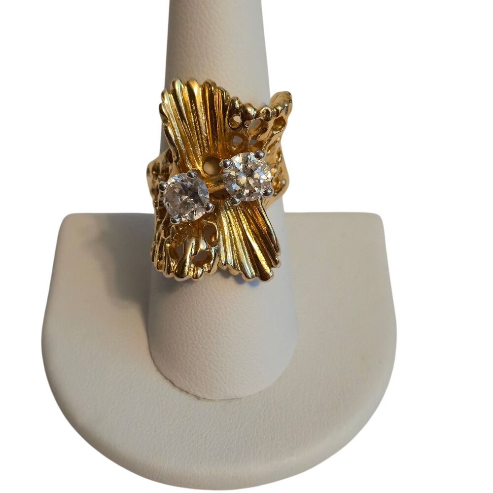 Vintage 18K HGE Ring Goldtone 2 Round Clear CZ Stones Size 7.5 Brutalist Style